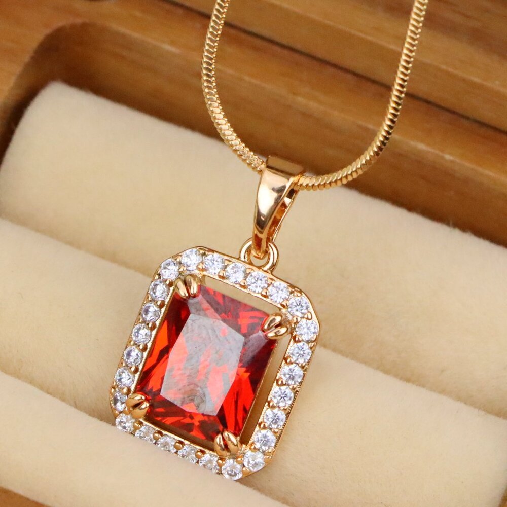 "Red Emerald-Cut Stone Pendant with Crystals in Rose Gold, XPPT1572
